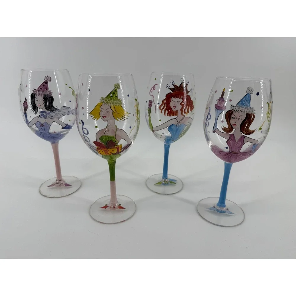 Whimsical Party Girls Hand Painted Wine Glasses Set of 4 Colorful Stemware 9in